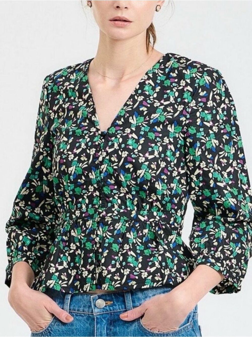 Floral V-Neck Peplum Blouse in Black and Green